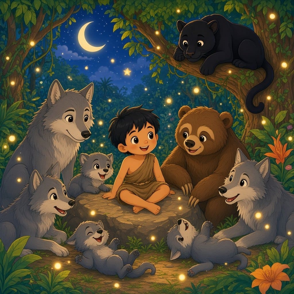 Mowgli sidder på en sten i junglen om natten mellem ulvefamilien, bjørnen Baloo og panteren Bagheera